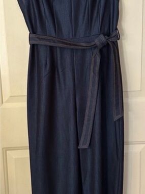 Calvin Klein Navy Sleeveless Midi Jumpsuit with Tie Belt Denim Chic Fashion